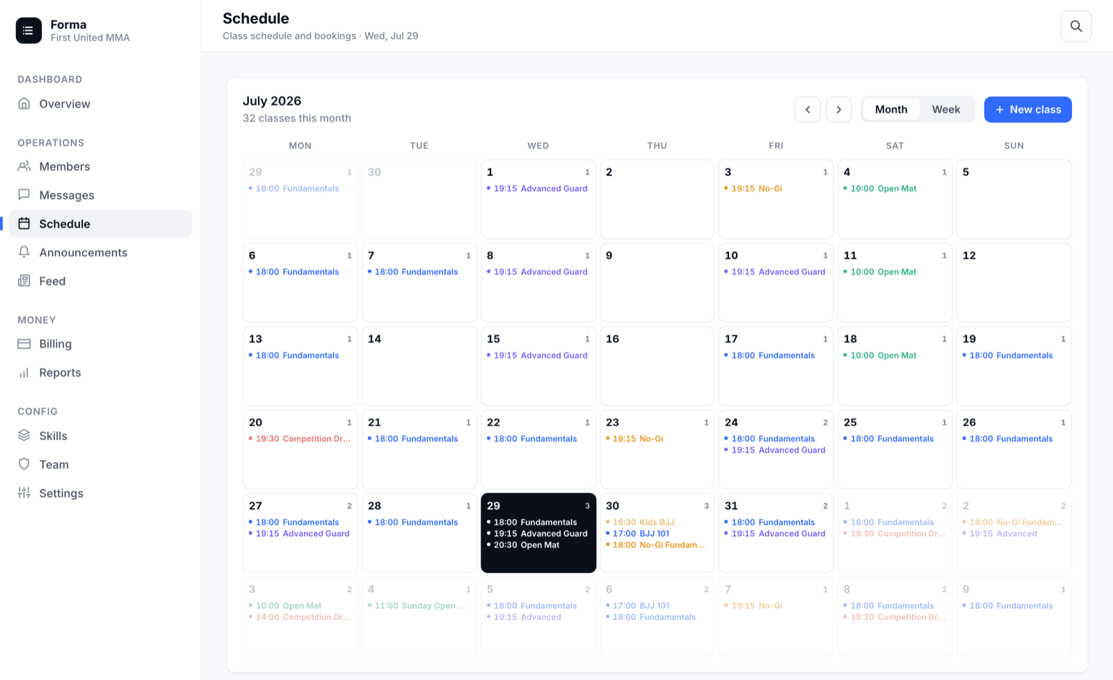 The Forma admin schedule: a month calendar for July with 32 classes, today highlighted with Fundamentals at 18:00, Advanced Guard at 19:15 and Open Mat at 20:30.