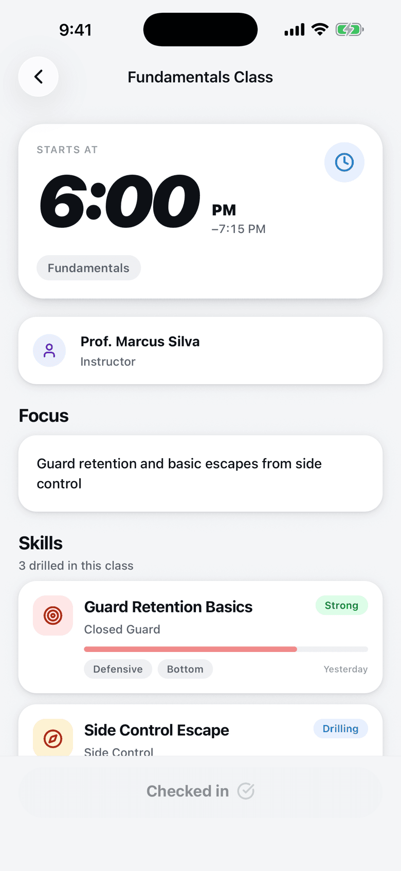 A class in the Forma app: Fundamentals at 6:00 PM with Prof. Marcus Silva, its focus, the three skills drilled in it, and a “Checked in” confirmation.