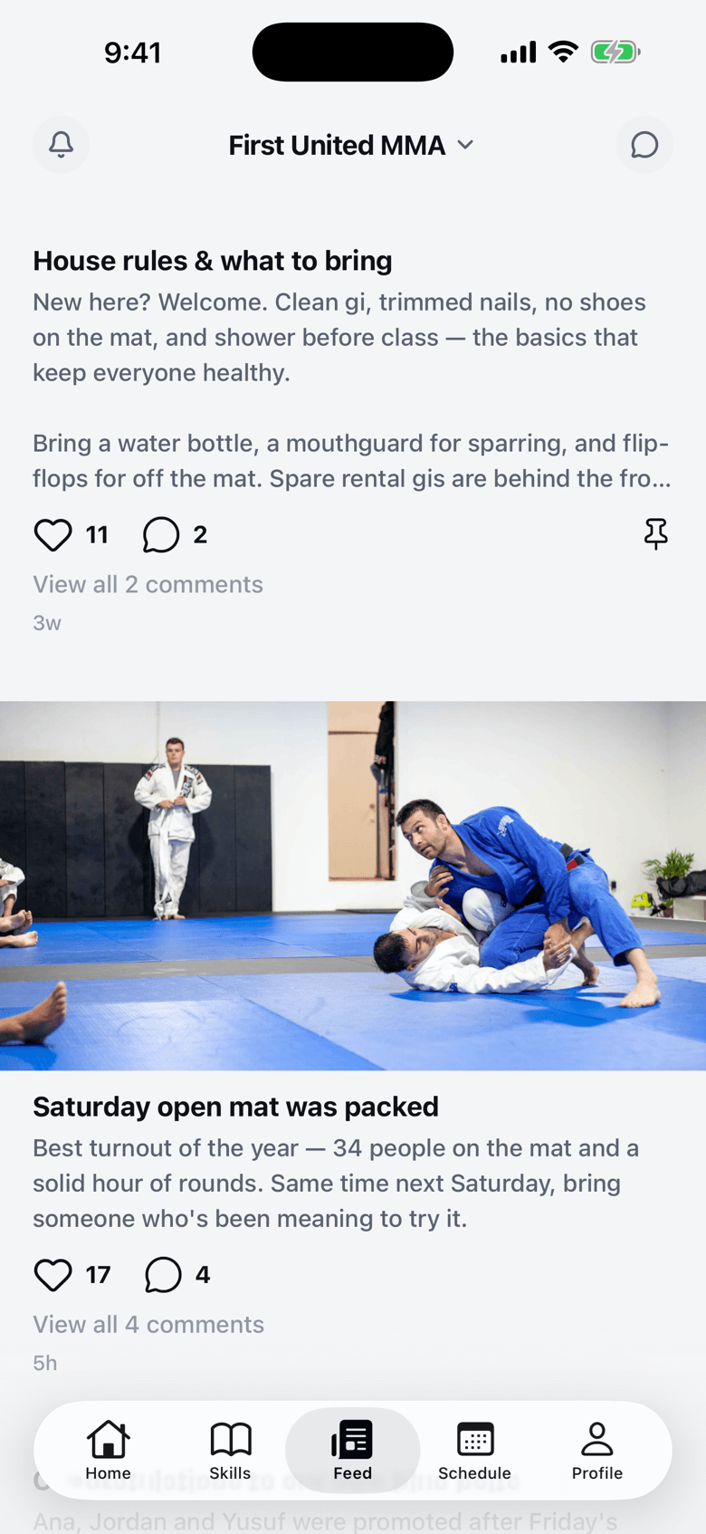 The gym feed in the Forma app: a pinned “House rules & what to bring” post with 11 likes, and a photo from Saturday’s open mat with 17 likes and 4 comments.