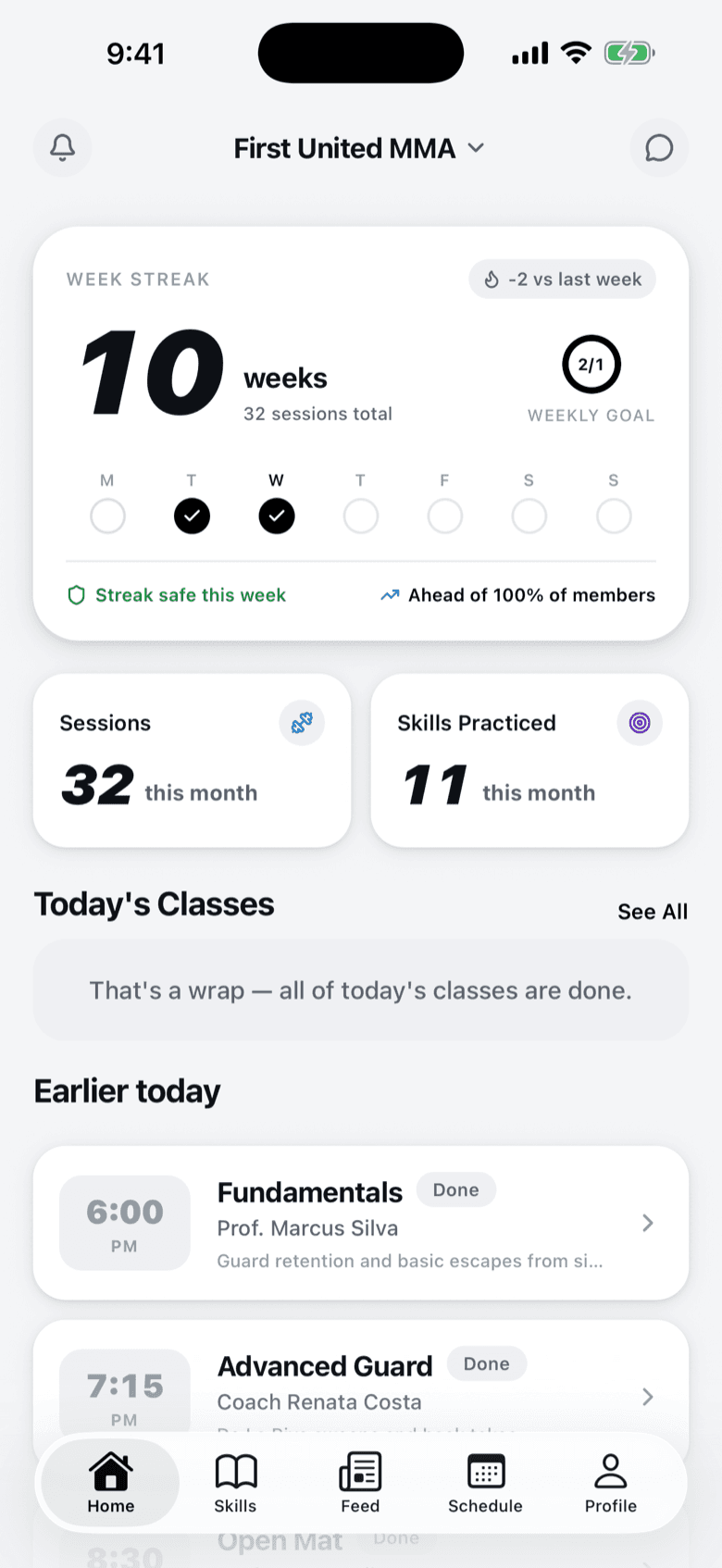 The Forma member app home screen: a ten-week training streak, 32 sessions and 11 skills practised this month, and tonight’s three classes at First United MMA all marked done.
