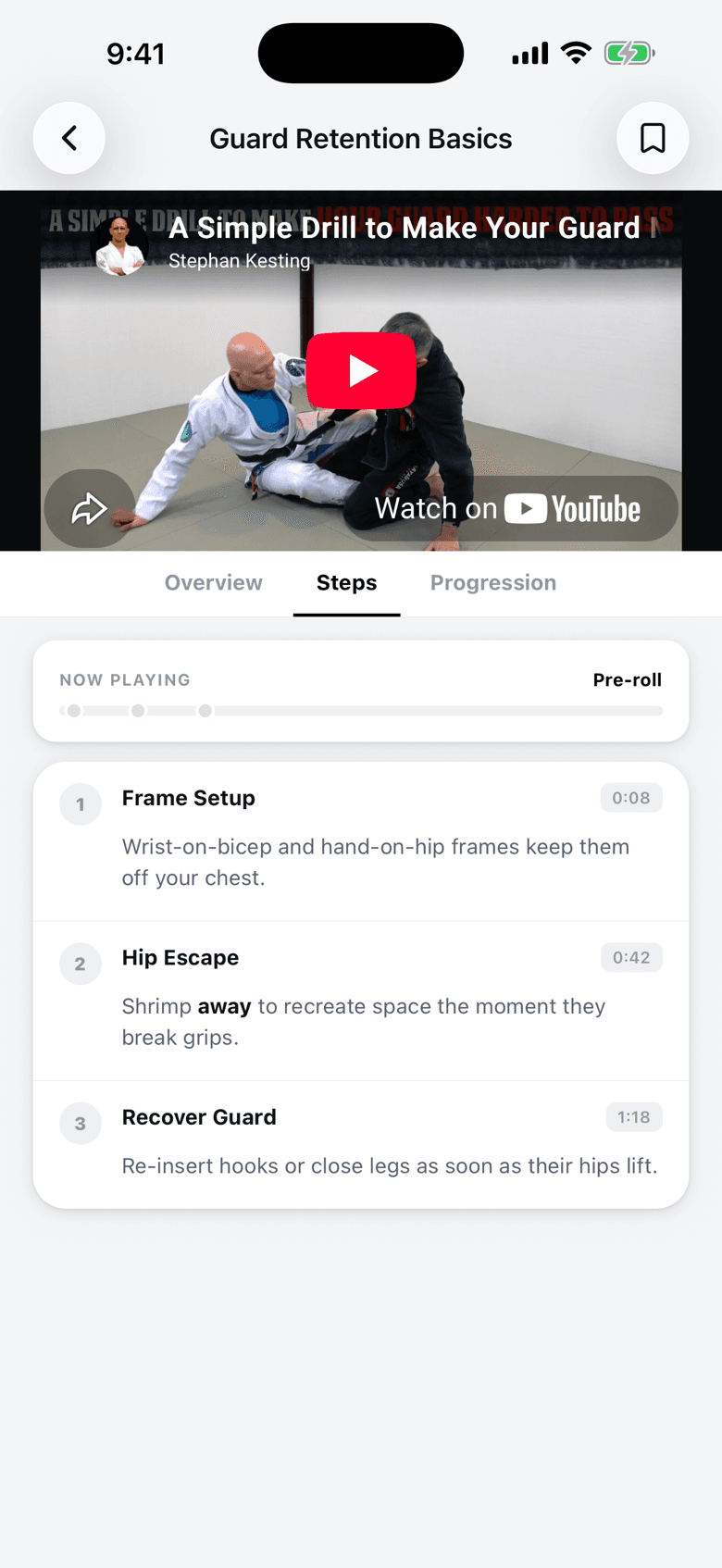The same technique broken into timestamped video chapters: Frame Setup at 0:08, Hip Escape at 0:42, Recover Guard at 1:18, each with a one-line coaching note.
