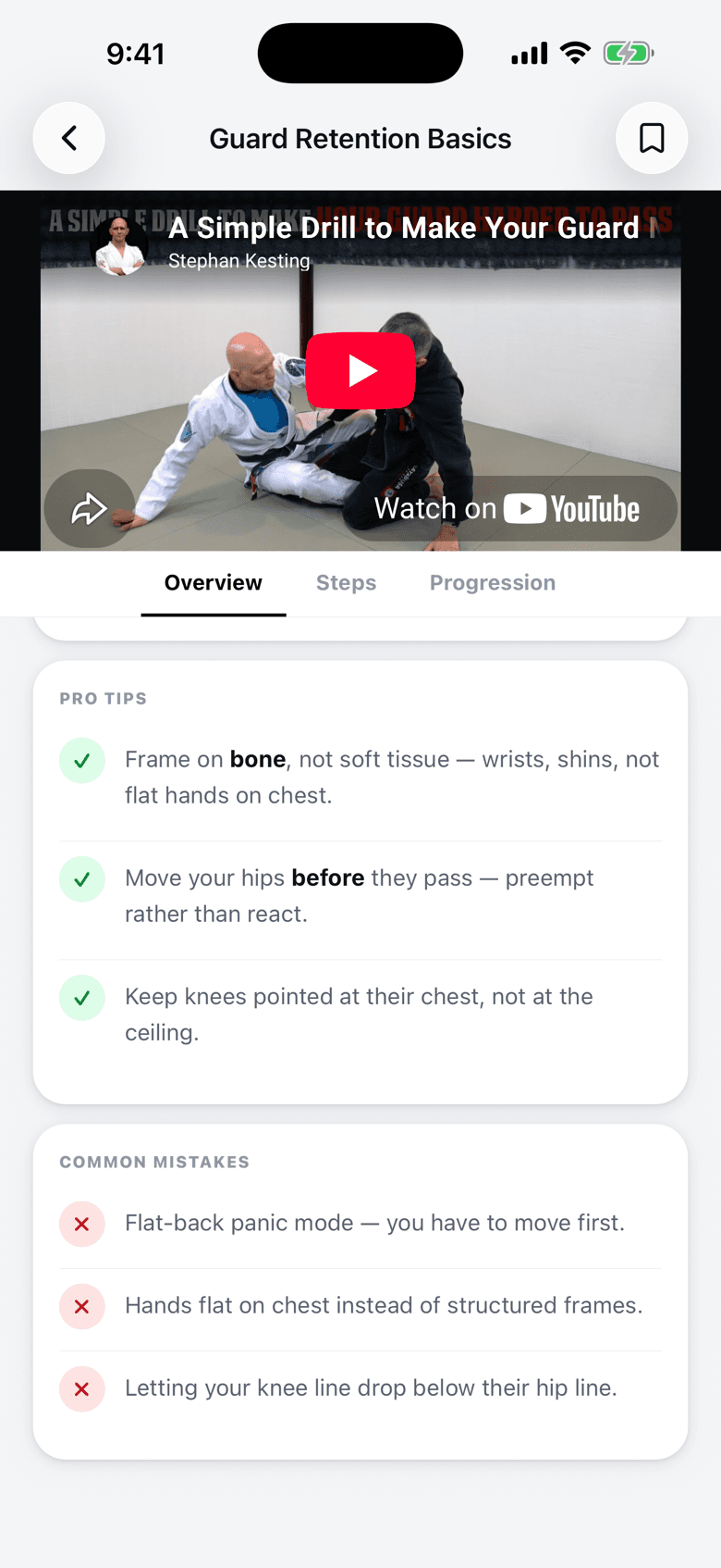 A technique in the Forma app: Guard Retention Basics, with its instructional video pinned above the gym’s own coaching tips and a list of common mistakes.